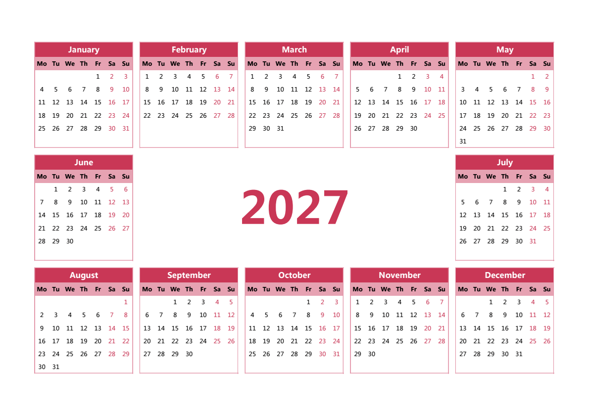 2027年日历 A3横向 英文版 无农历 无周数 周一开始